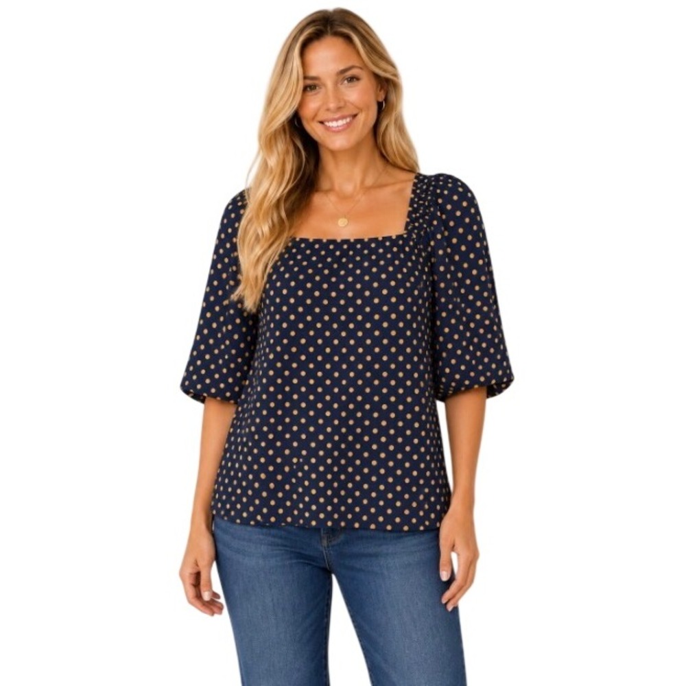 Ann Taylor Navy Blue Gold Polka Dot Square Neck Puff Sleeve Blouse Top XXL